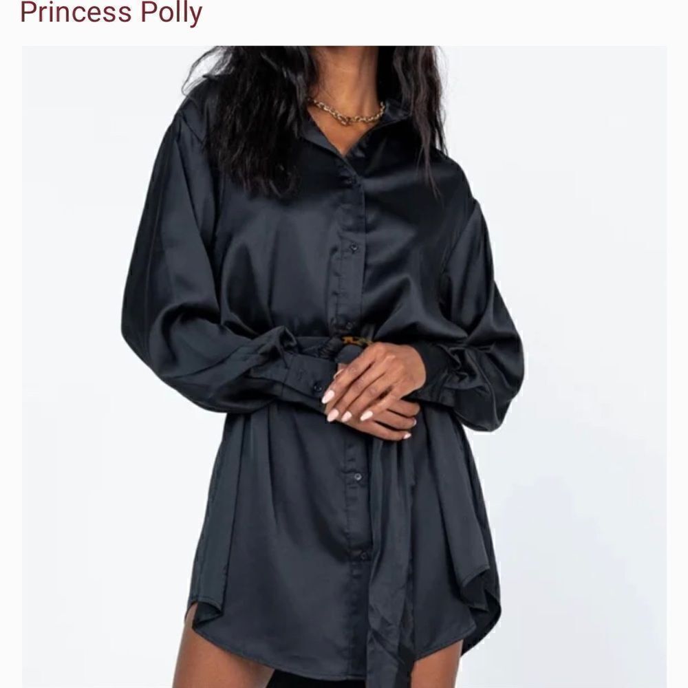 Princess Polly black shirt dress long sleeve tie front  8